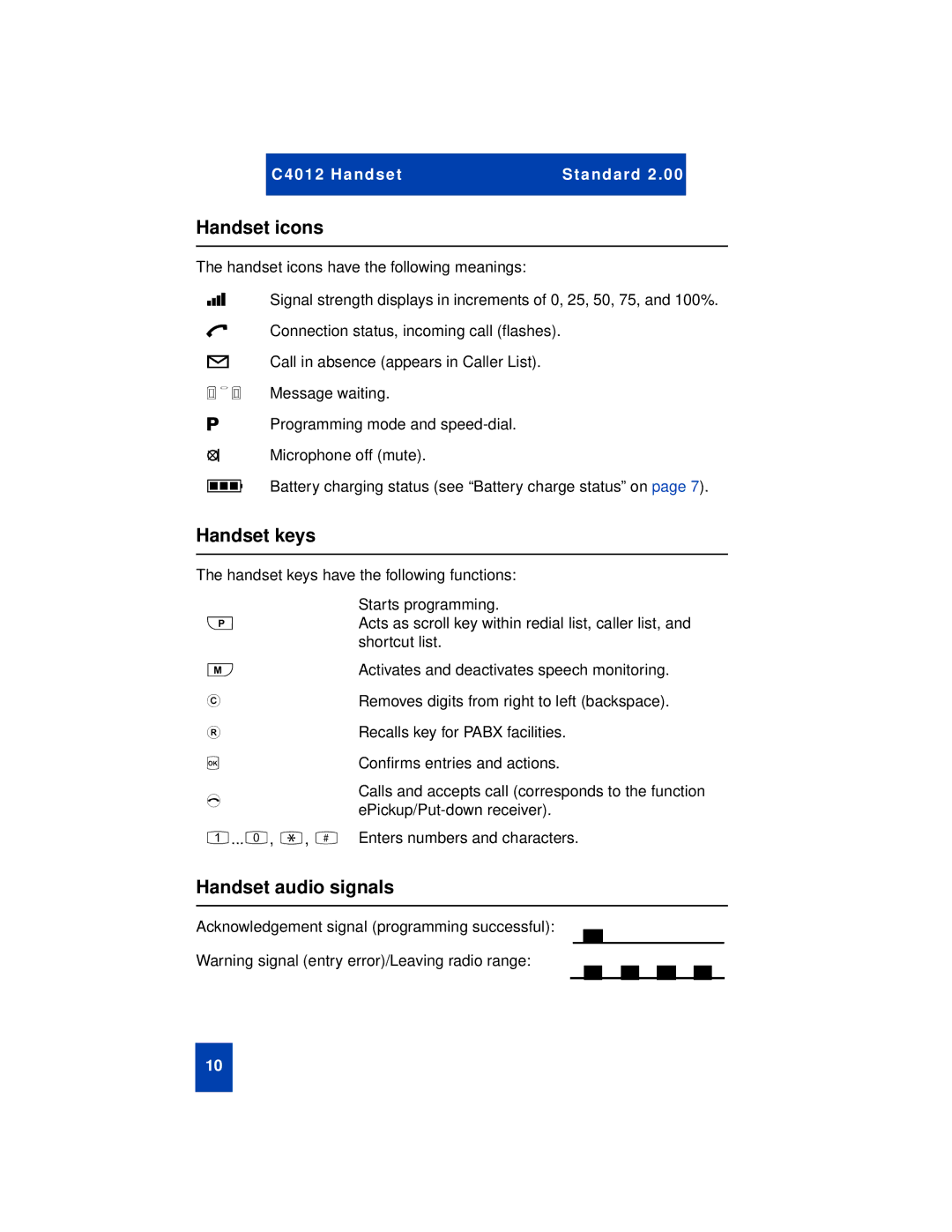 Nortel Networks C4012 manual Handset icons, Handset keys, Handset audio signals 