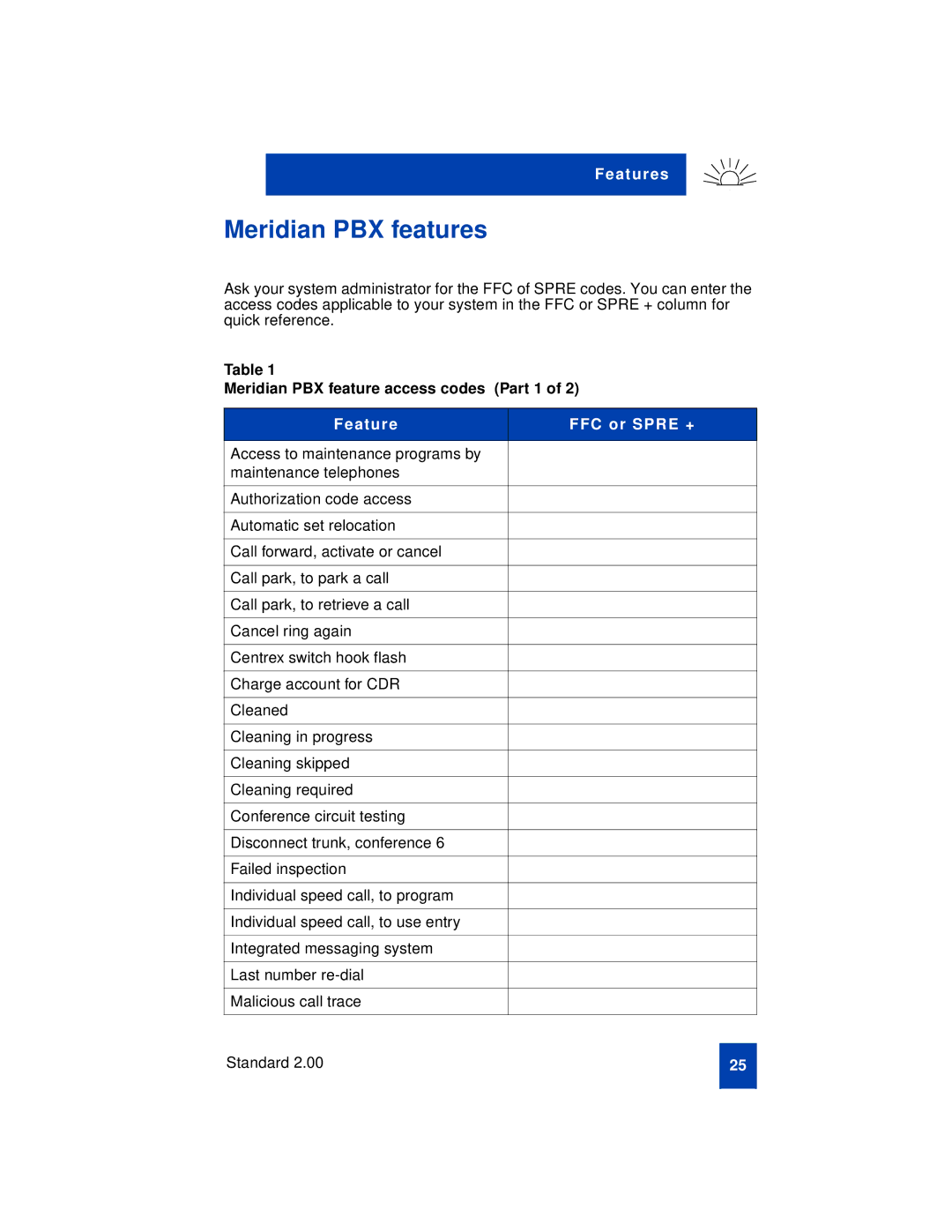 Nortel Networks C4010, C4010Ex, C4020 manual Meridian PBX features, Meridian PBX feature access codes Part 1 