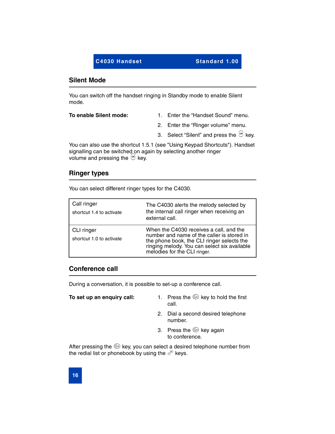 Nortel Networks C4030 manual Silent Mode, Ringer types, Conference call, To enable Silent mode, To set up an enquiry call 