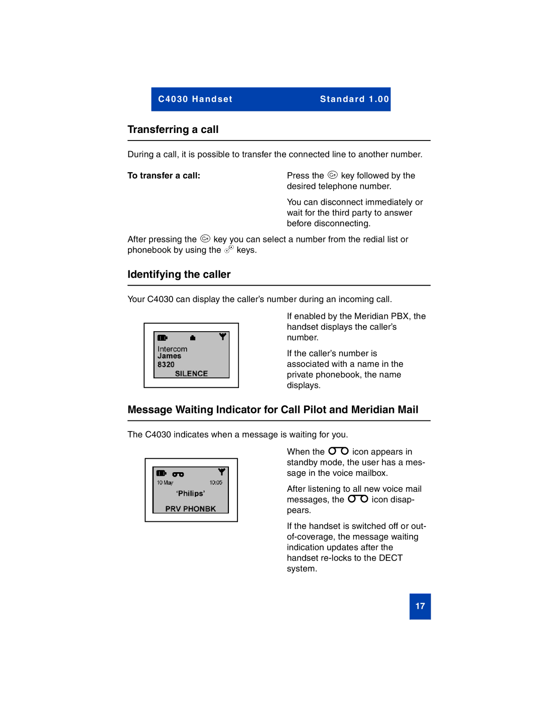 Nortel Networks C4030 manual Transferring a call, Identifying the callerr, To transfer a call 