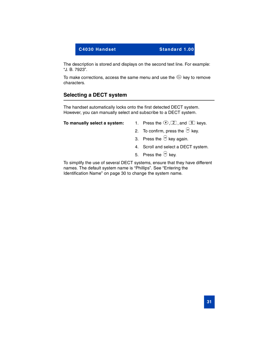 Nortel Networks C4030 Selecting a Dect system, To manually select a system 