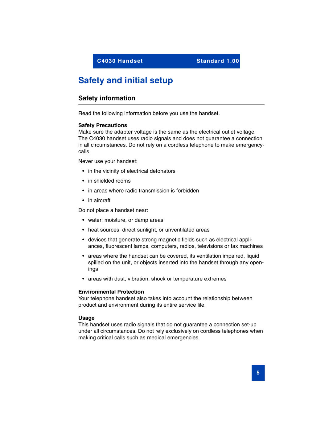 Nortel Networks C4030 Safety and initial setup, Safety information, Safety Precautions, Environmental Protection, Usage 