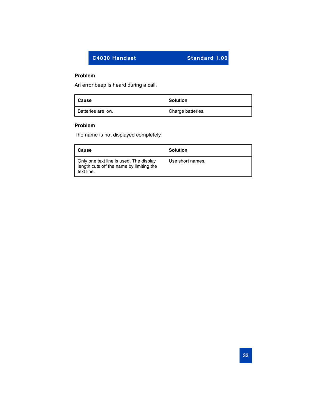 Nortel Networks C4030 manual An error beep is heard during a call 