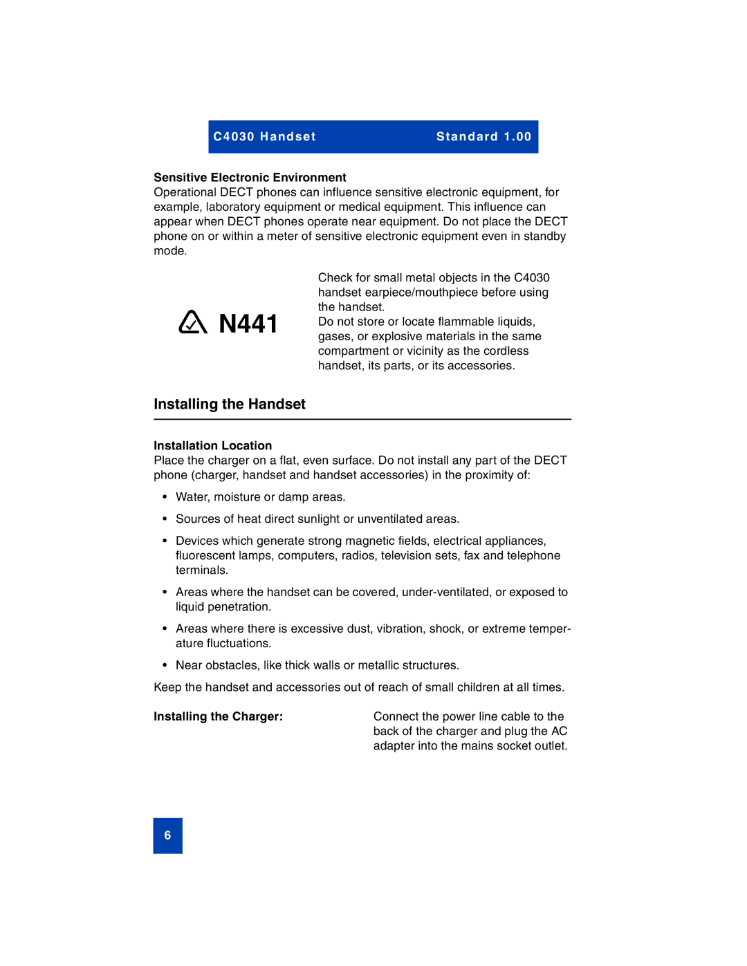 Nortel Networks C4030 manual Installing the Handset, Sensitive Electronic Environment, Installation Location 