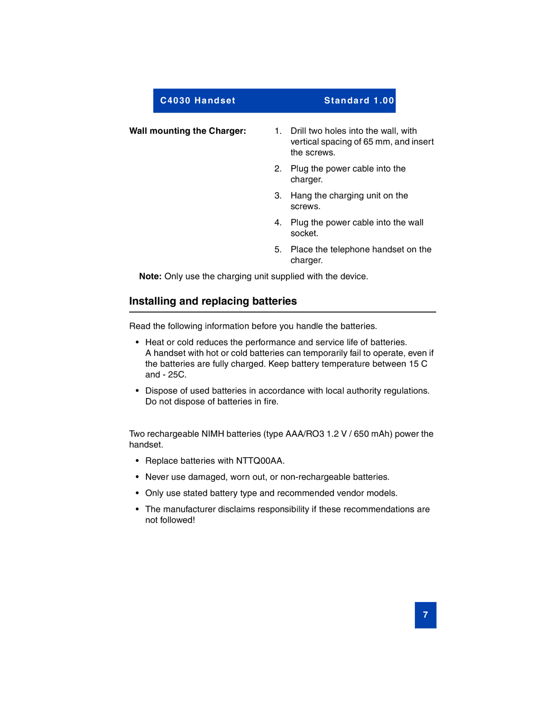 Nortel Networks C4030 manual Installing and replacing batteries, Wall mounting the Charger 