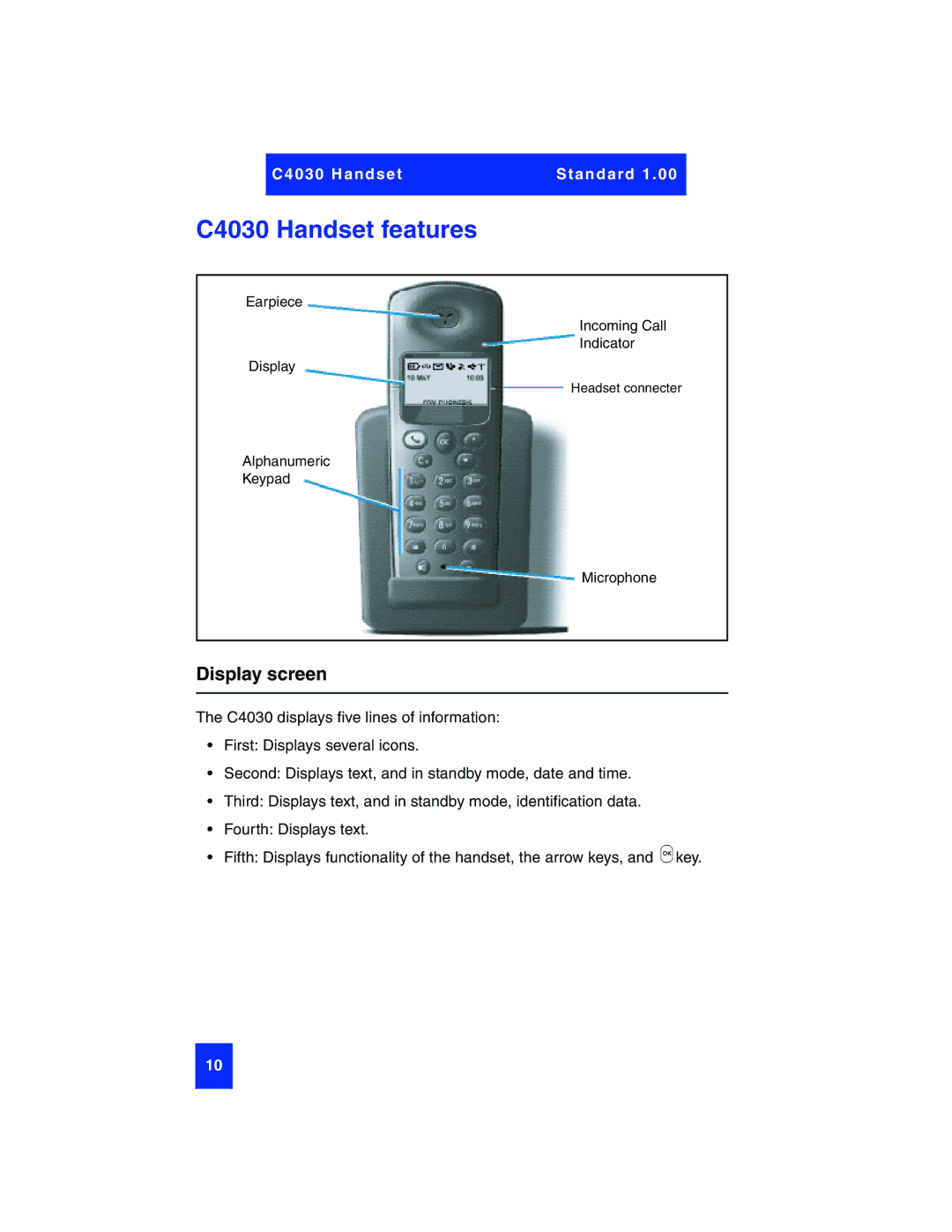 Nortel Networks manual C4030 Handset features, Display screen 