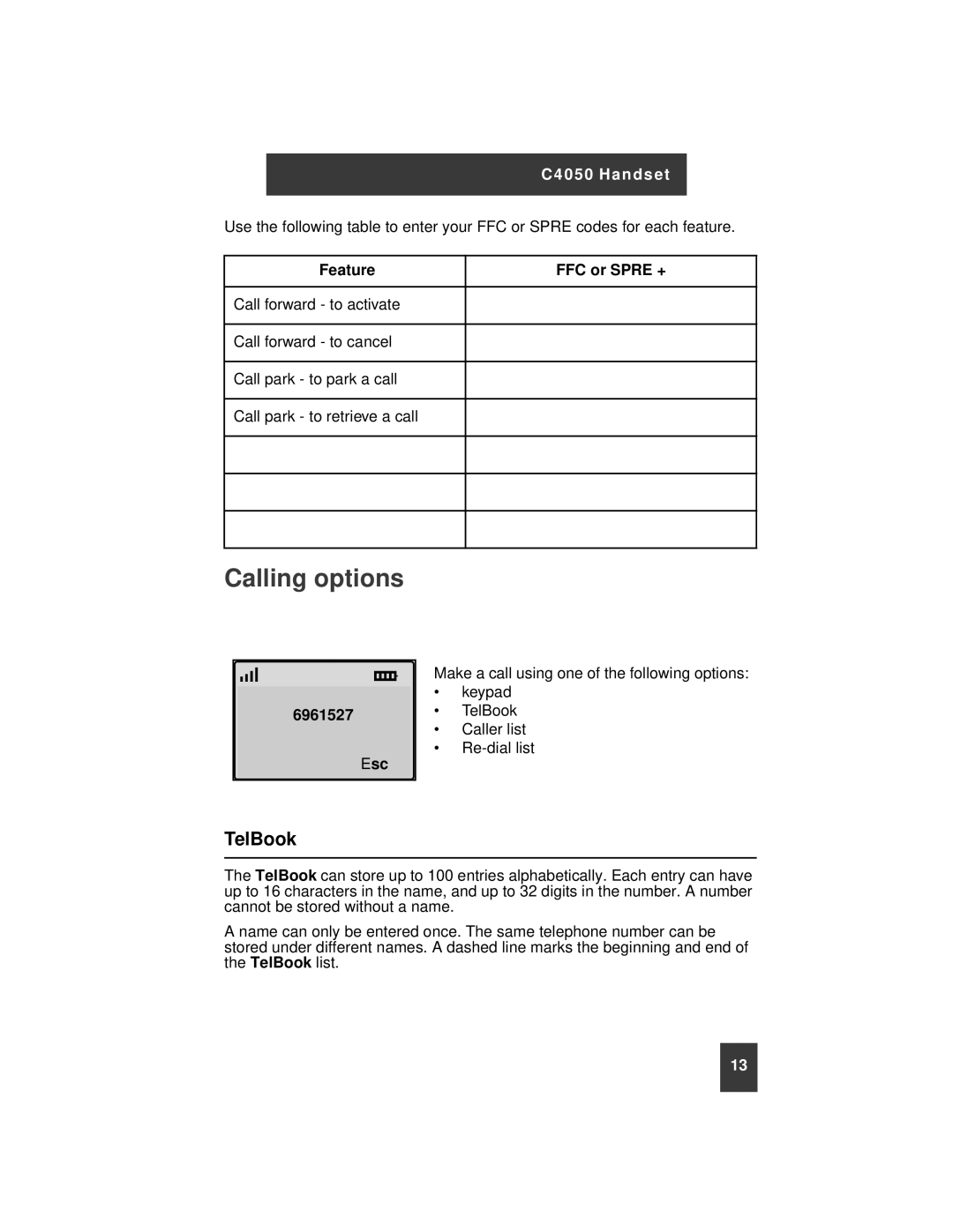 Nortel Networks C4050 instruction manual Calling options, TelBook, Feature FFC or Spre +, 6961527 Esc 