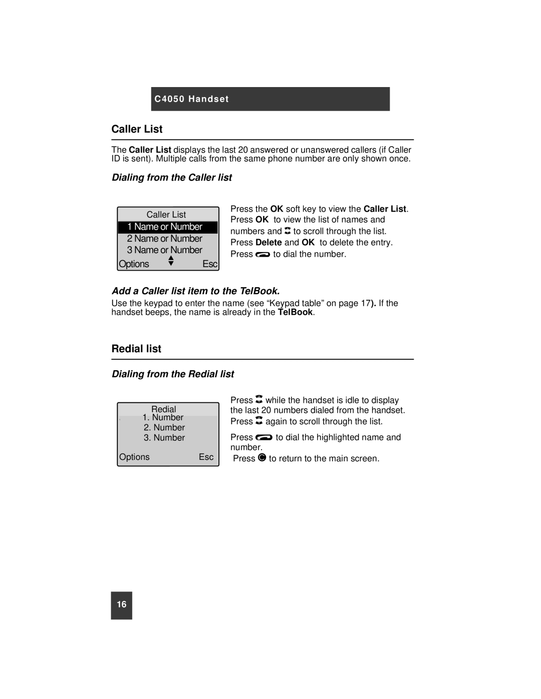 Nortel Networks C4050 Caller List, Redial list, Dialing from the Caller list, Add a Caller list item to the TelBook 