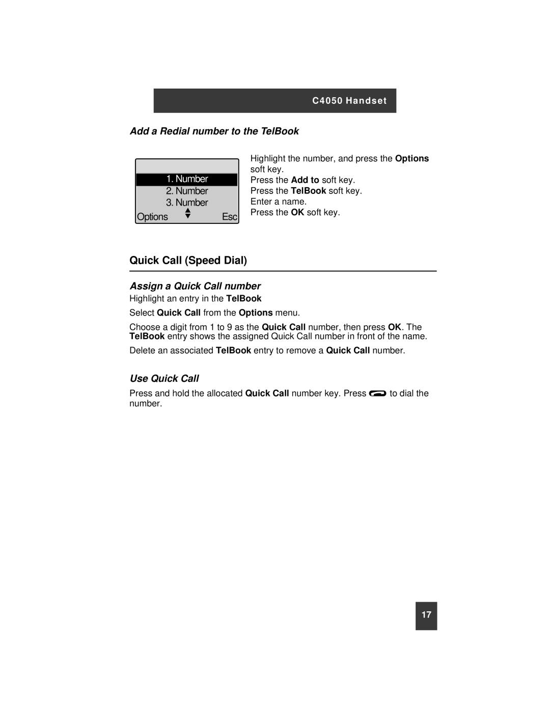 Nortel Networks C4050 Quick Call Speed Dial, Add a Redial number to the TelBook, Assign a Quick Call number 