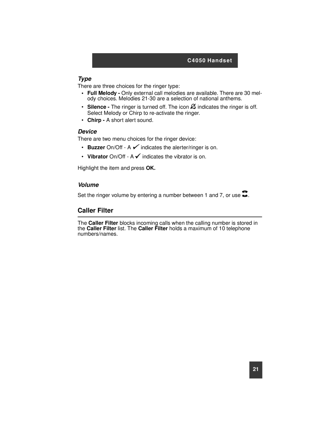 Nortel Networks C4050 instruction manual Caller Filter, Type, Device, Volume 