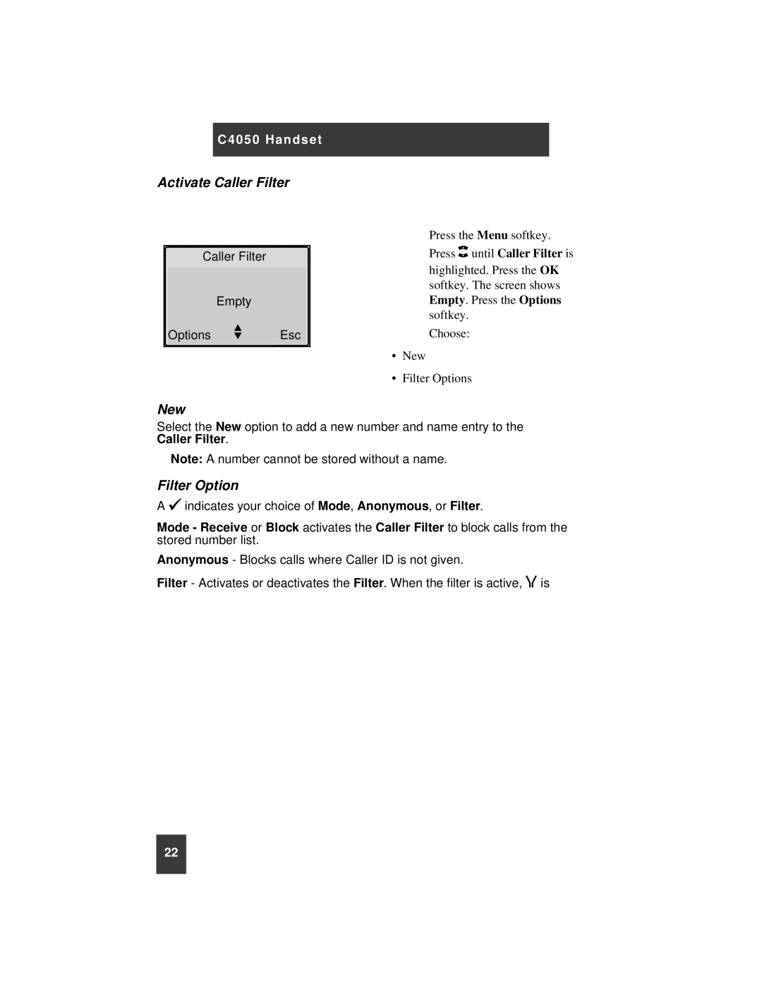 Nortel Networks C4050 instruction manual Activate Caller Filter, Filter Option 