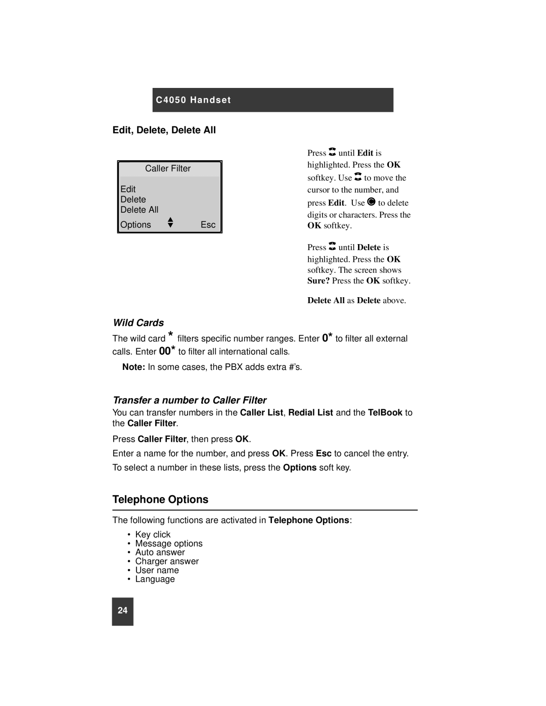 Nortel Networks C4050 instruction manual Telephone Options, Wild Cards, Transfer a number to Caller Filter 