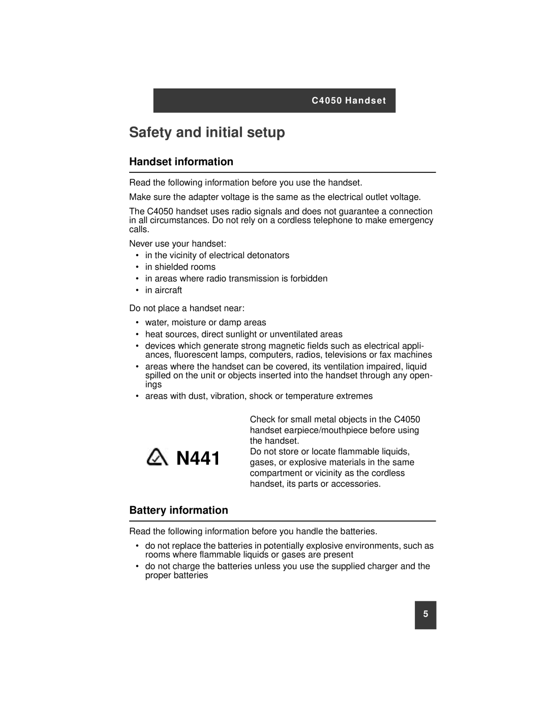 Nortel Networks C4050 instruction manual Safety and initial setup, Handset information, Battery information 