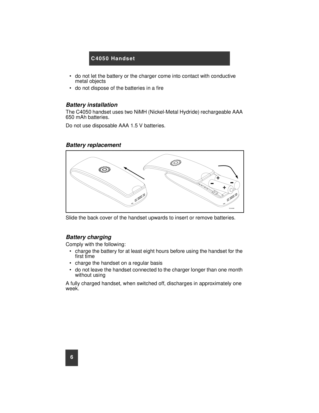 Nortel Networks C4050 instruction manual Battery installation, Battery replacement, Battery charging 