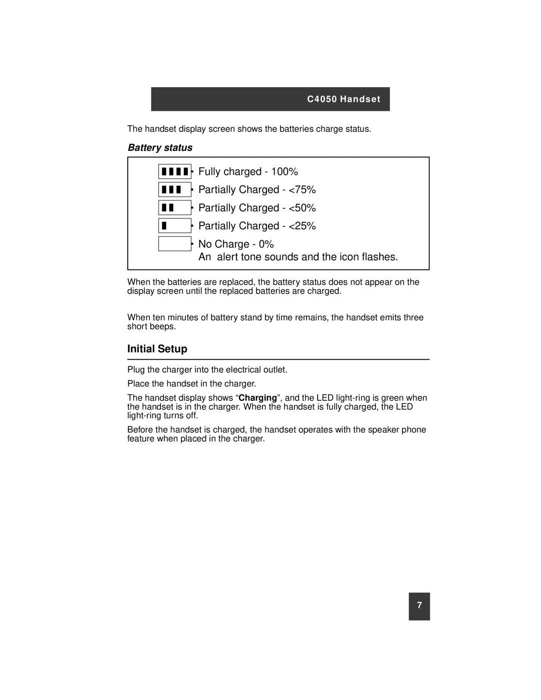 Nortel Networks C4050 instruction manual Initial Setup, Battery status 