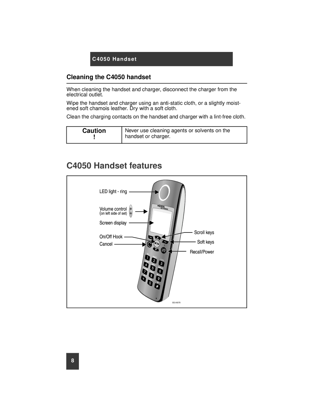 Nortel Networks instruction manual C4050 Handset features, Cleaning the C4050 handset 