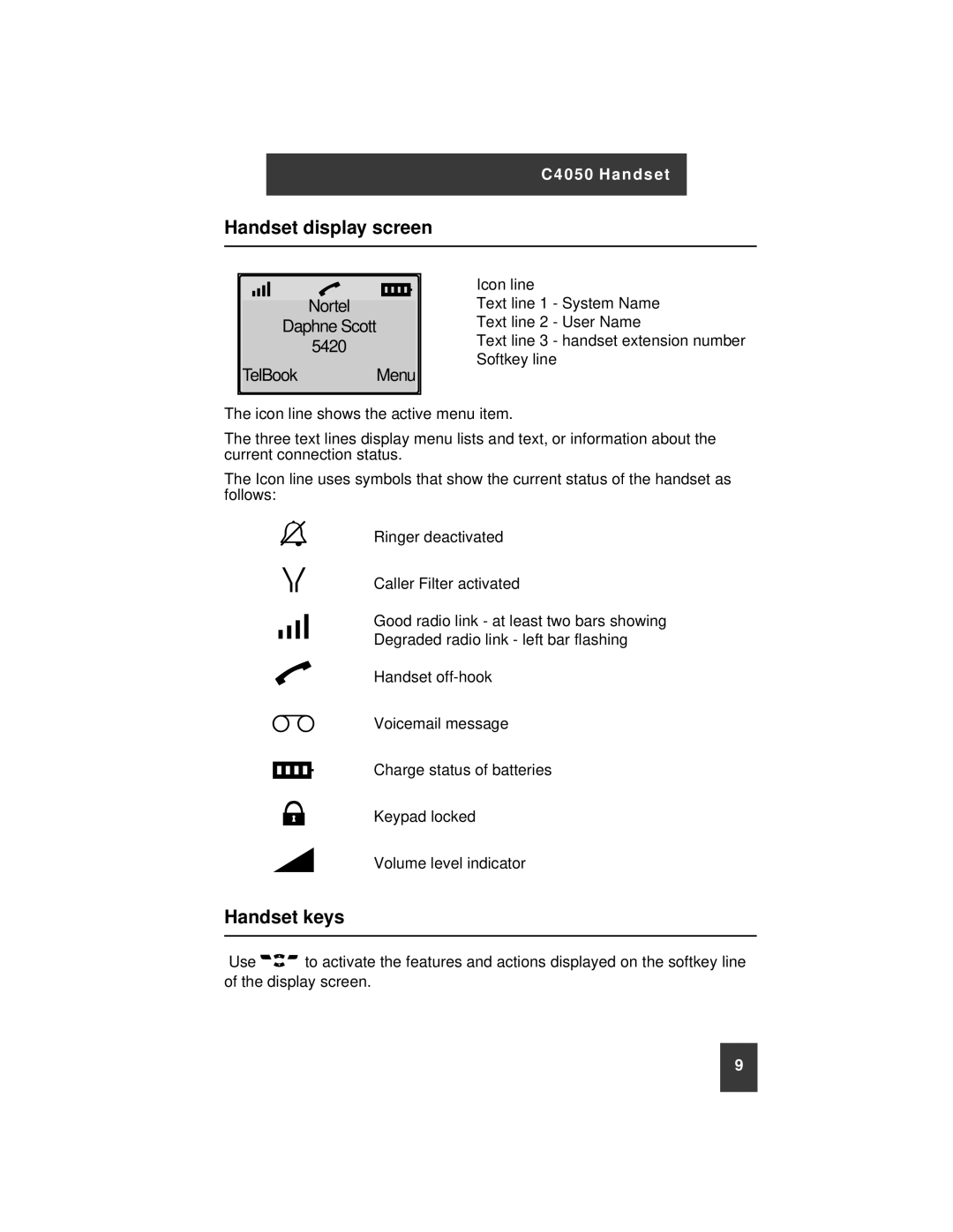 Nortel Networks C4050 instruction manual Handset display screen, Handset keys 