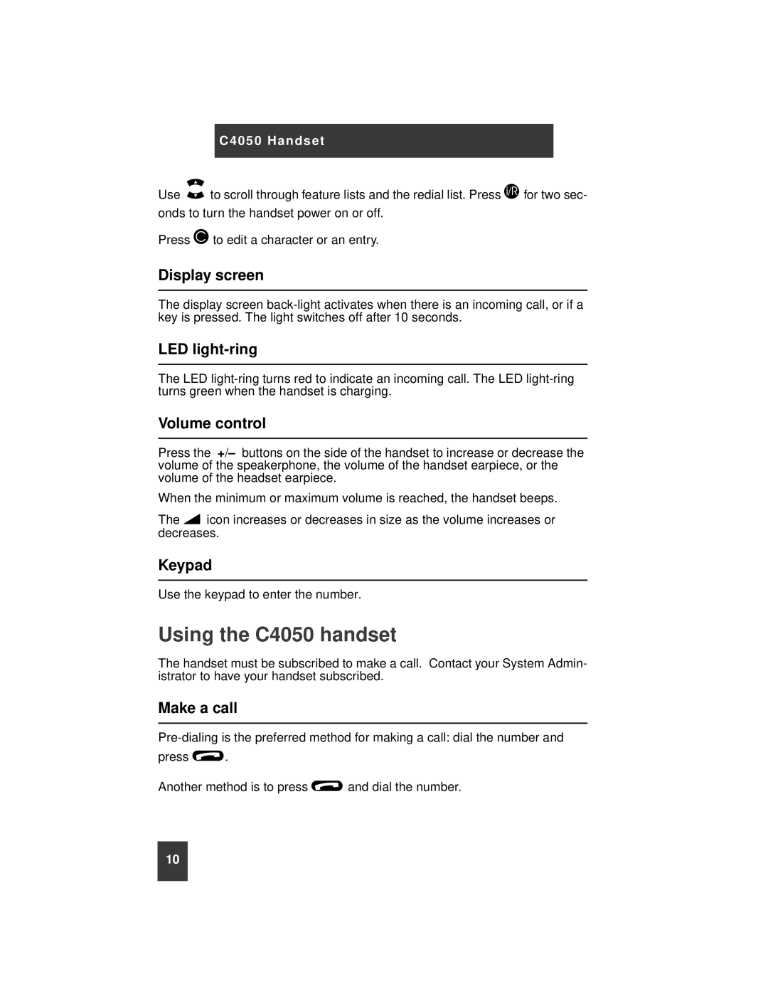 Nortel Networks instruction manual Using the C4050 handset 