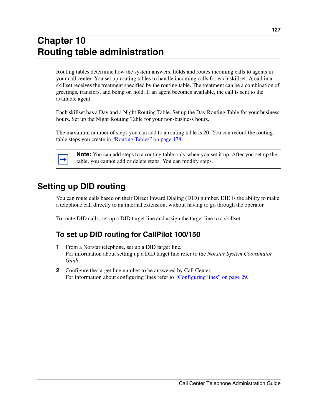 Nortel Networks Call Center Telephone manual Chapter Routing table administration, Setting up did routing 