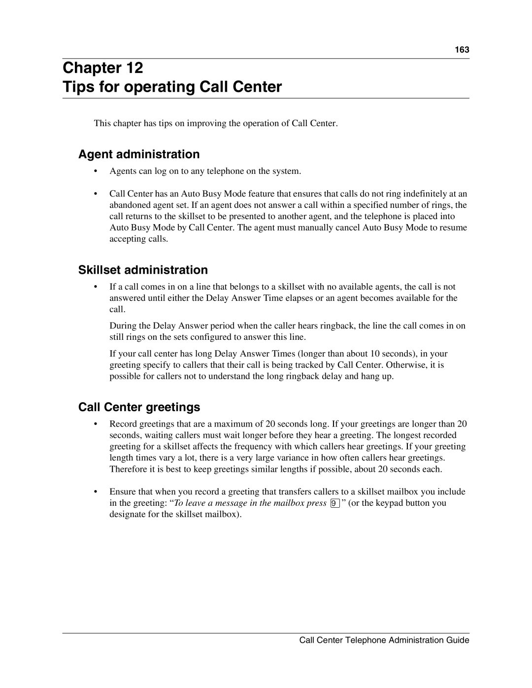 Nortel Networks Call Center Telephone Chapter Tips for operating Call Center, Agent administration, Call Center greetings 