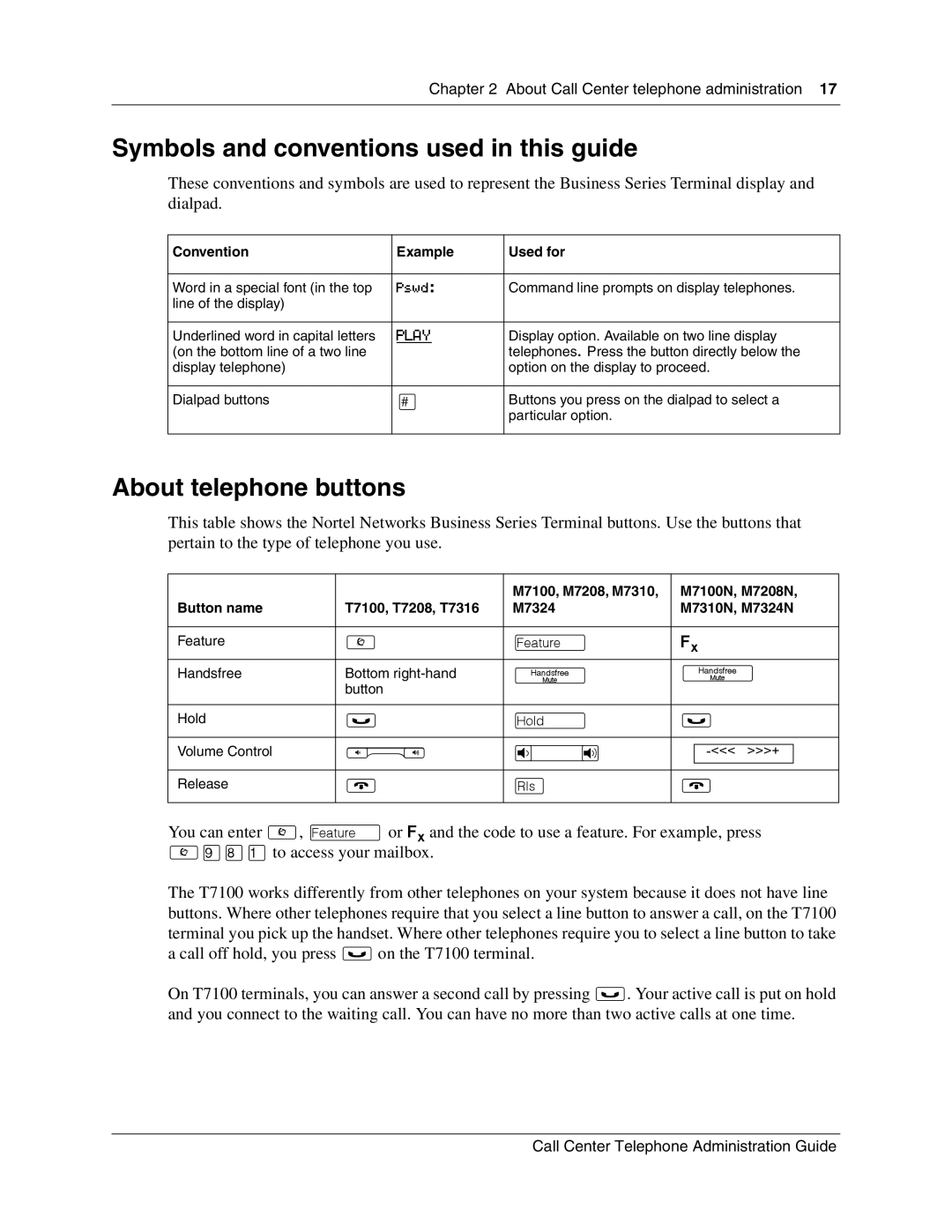 Nortel Networks Call Center Telephone manual Symbols and conventions used in this guide, About telephone buttons 