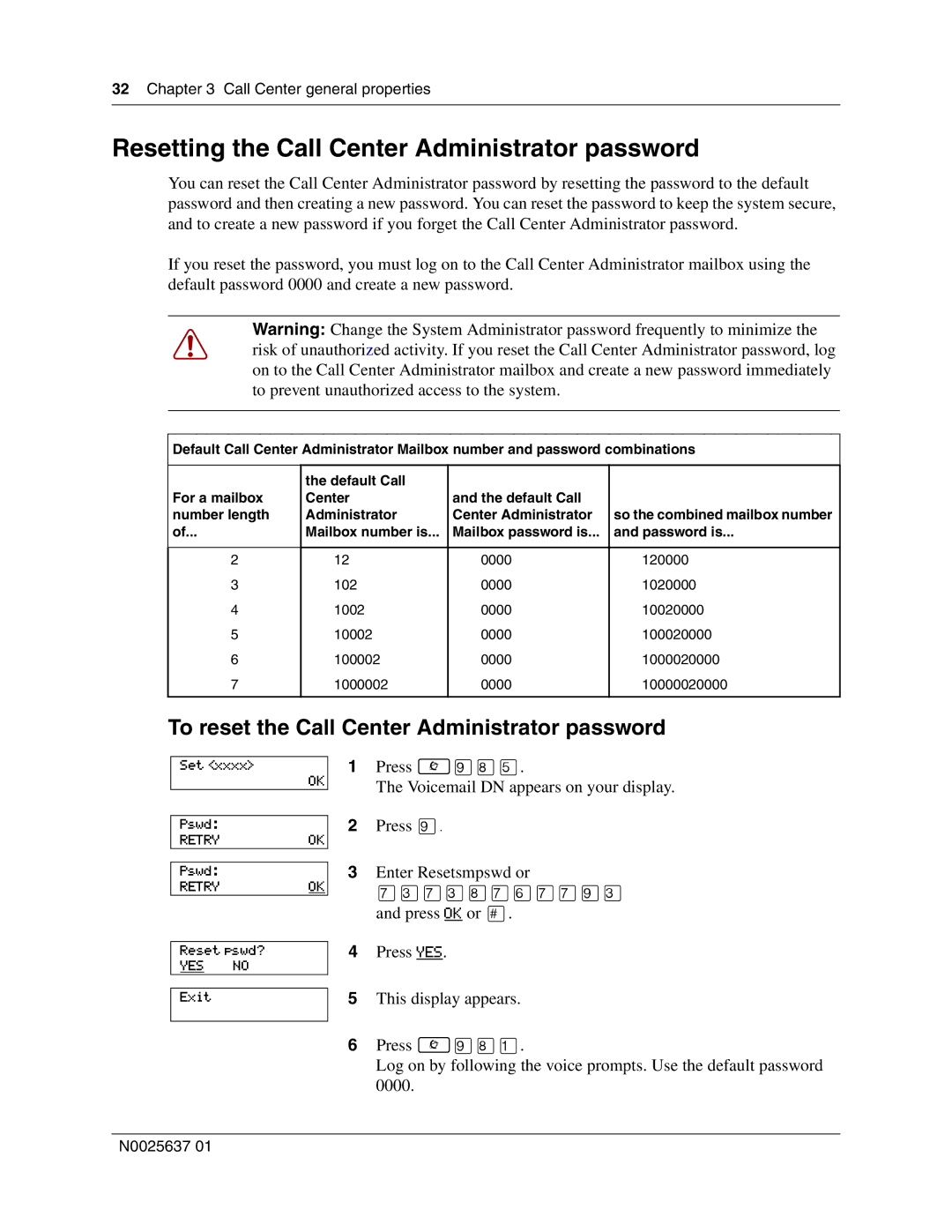 Nortel Networks Call Center Telephone manual Resetting the Call Center Administrator password 