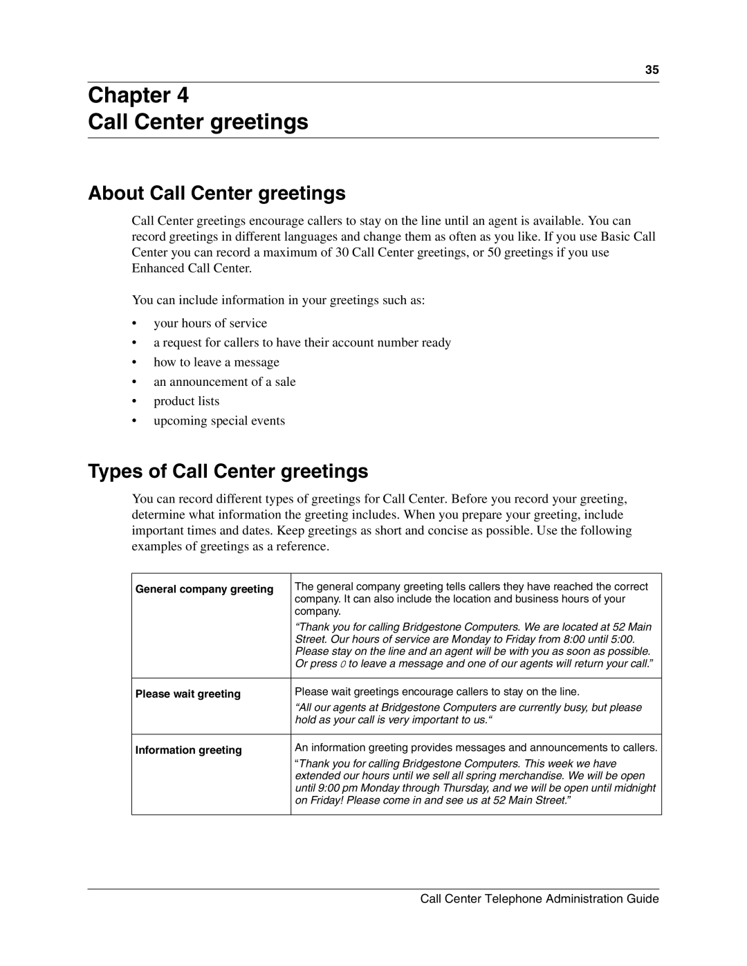 Nortel Networks Call Center Telephone manual Chapter Call Center greetings, About Call Center greetings 