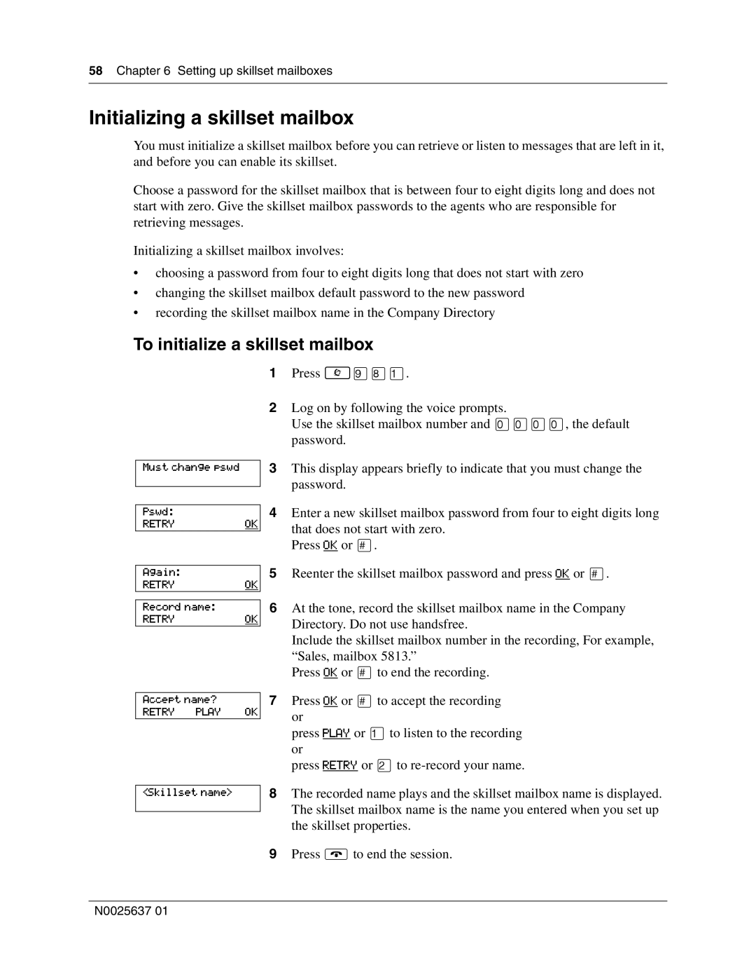 Nortel Networks Call Center Telephone manual Initializing a skillset mailbox, To initialize a skillset mailbox 