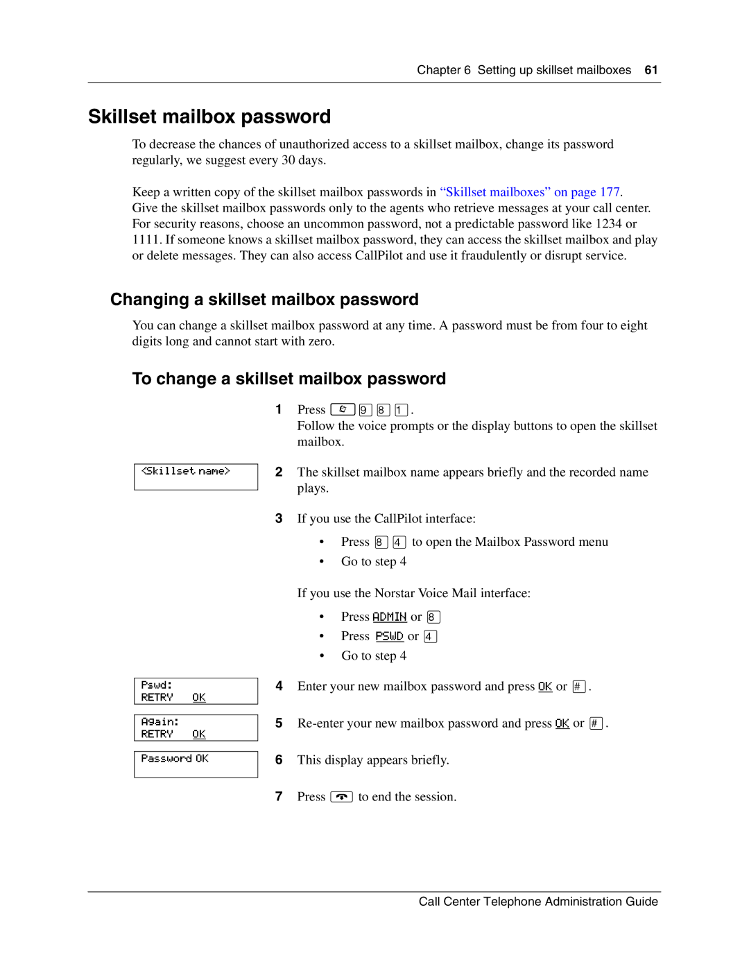 Nortel Networks Call Center Telephone manual Skillset mailbox password, Changing a skillset mailbox password 