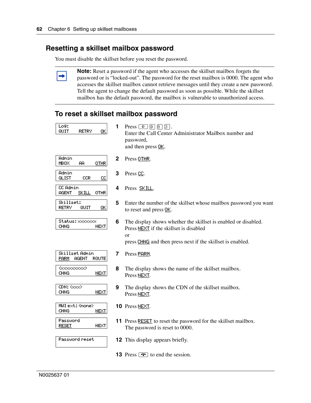 Nortel Networks Call Center Telephone manual Resetting a skillset mailbox password, To reset a skillset mailbox password 