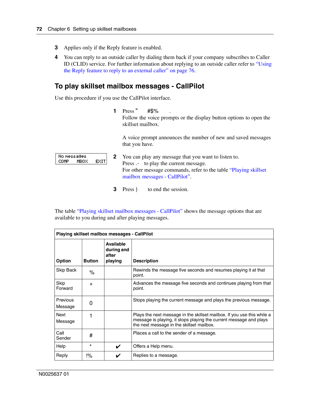 Nortel Networks Call Center Telephone manual To play skillset mailbox messages CallPilot 