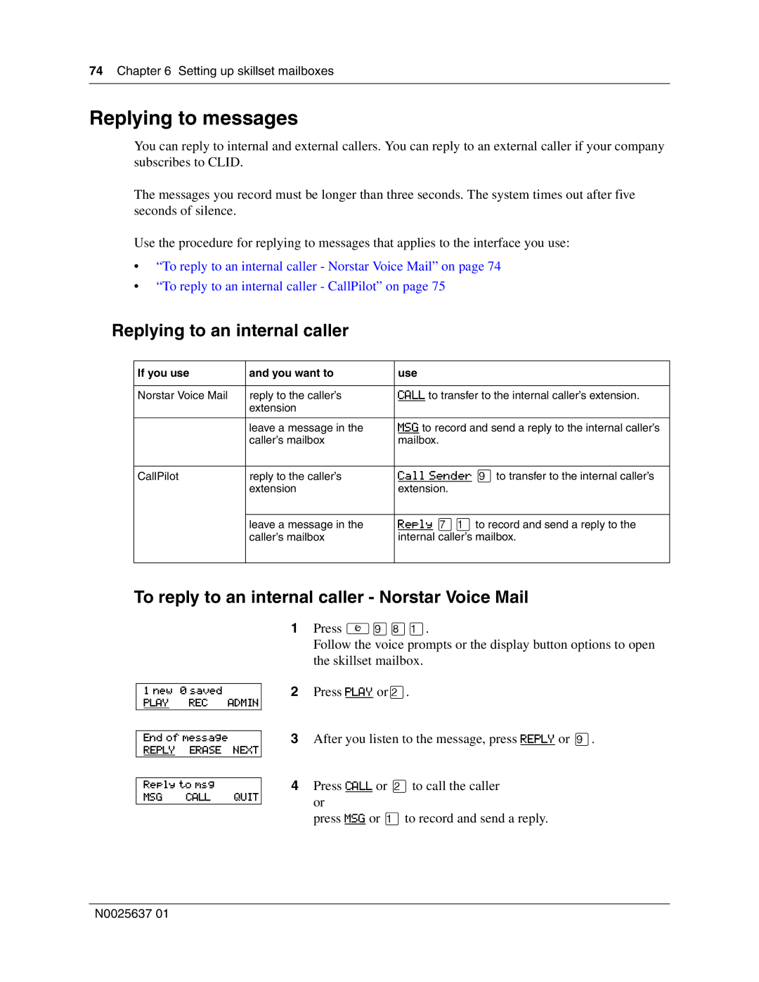 Nortel Networks Call Center Telephone Replying to messages, Replying to an internal caller, If you use You want to Use 