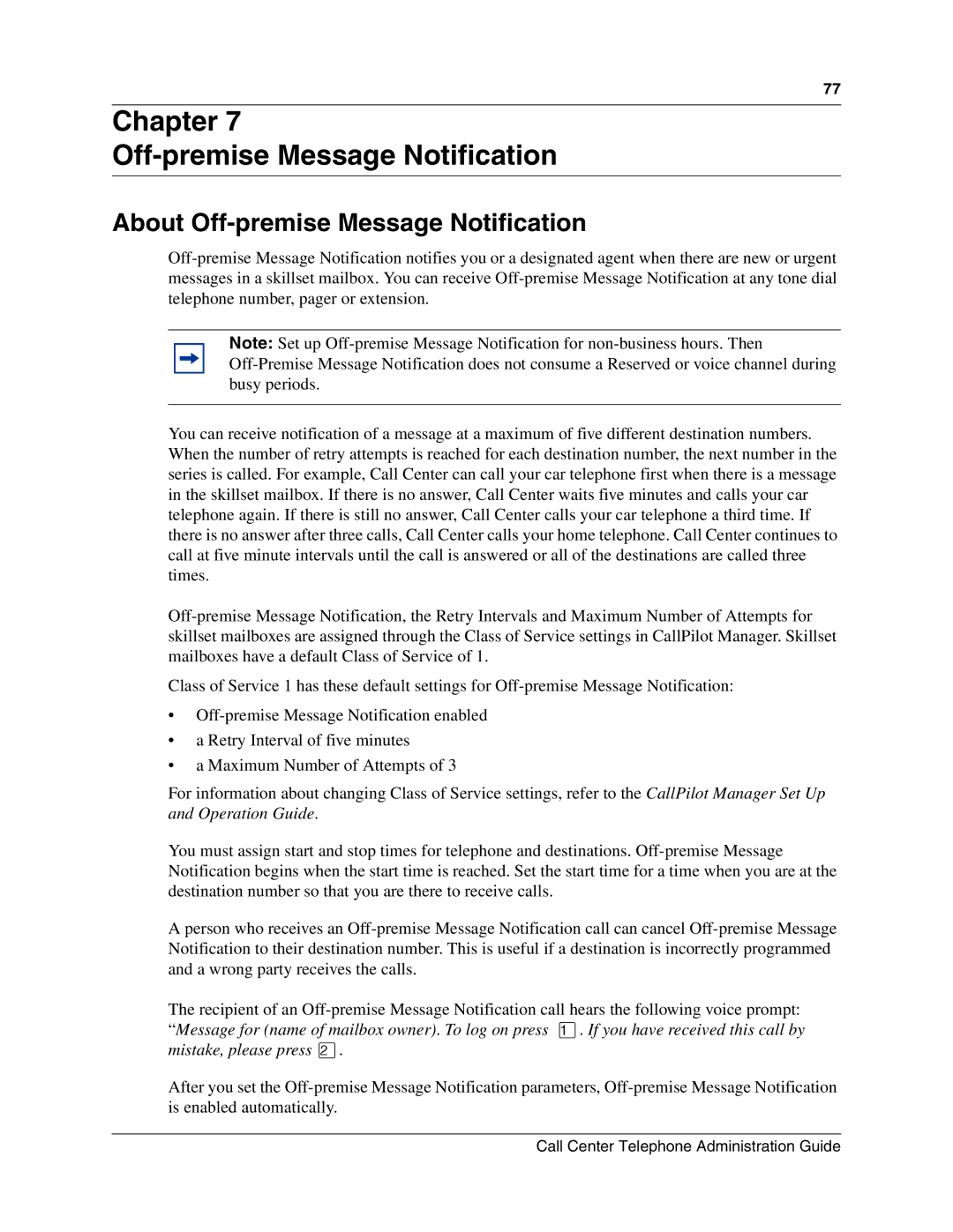 Nortel Networks Call Center Telephone Chapter Off-premise Message Notification, About Off-premise Message Notification 