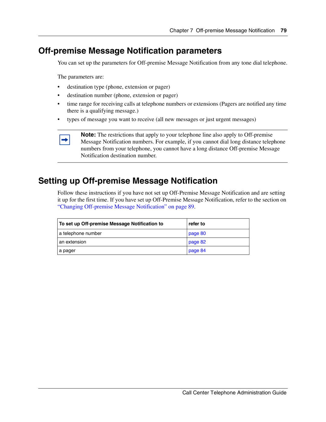 Nortel Networks Call Center Telephone manual Off-premise Message Notification parameters 