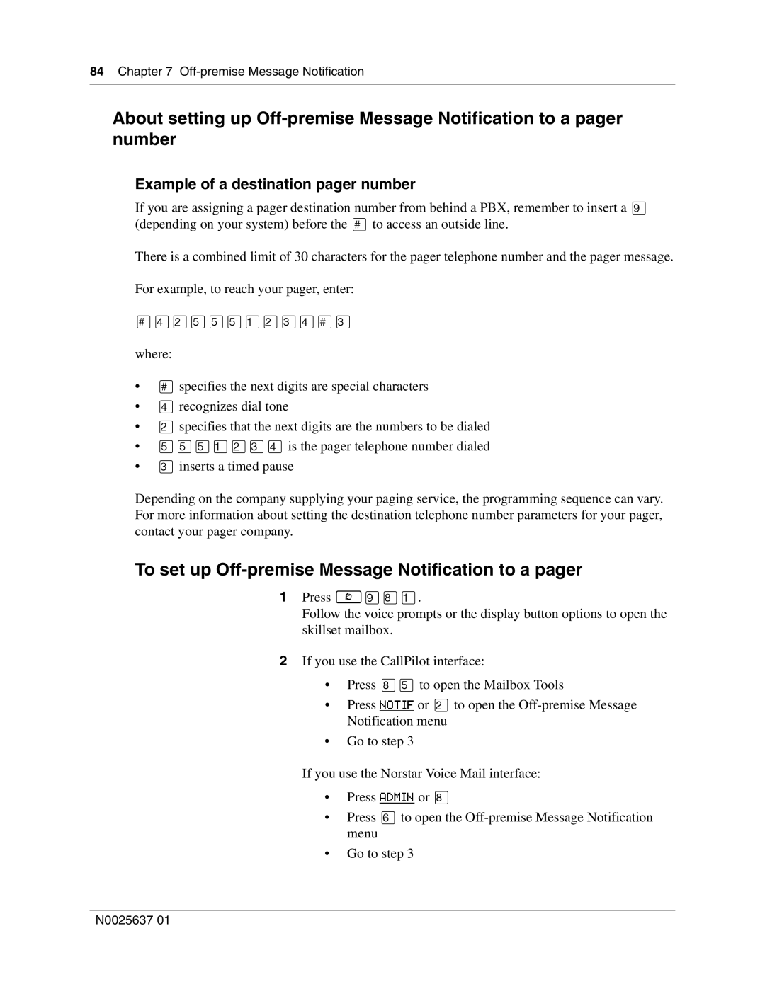 Nortel Networks Call Center Telephone manual To set up Off-premise Message Notification to a pager 