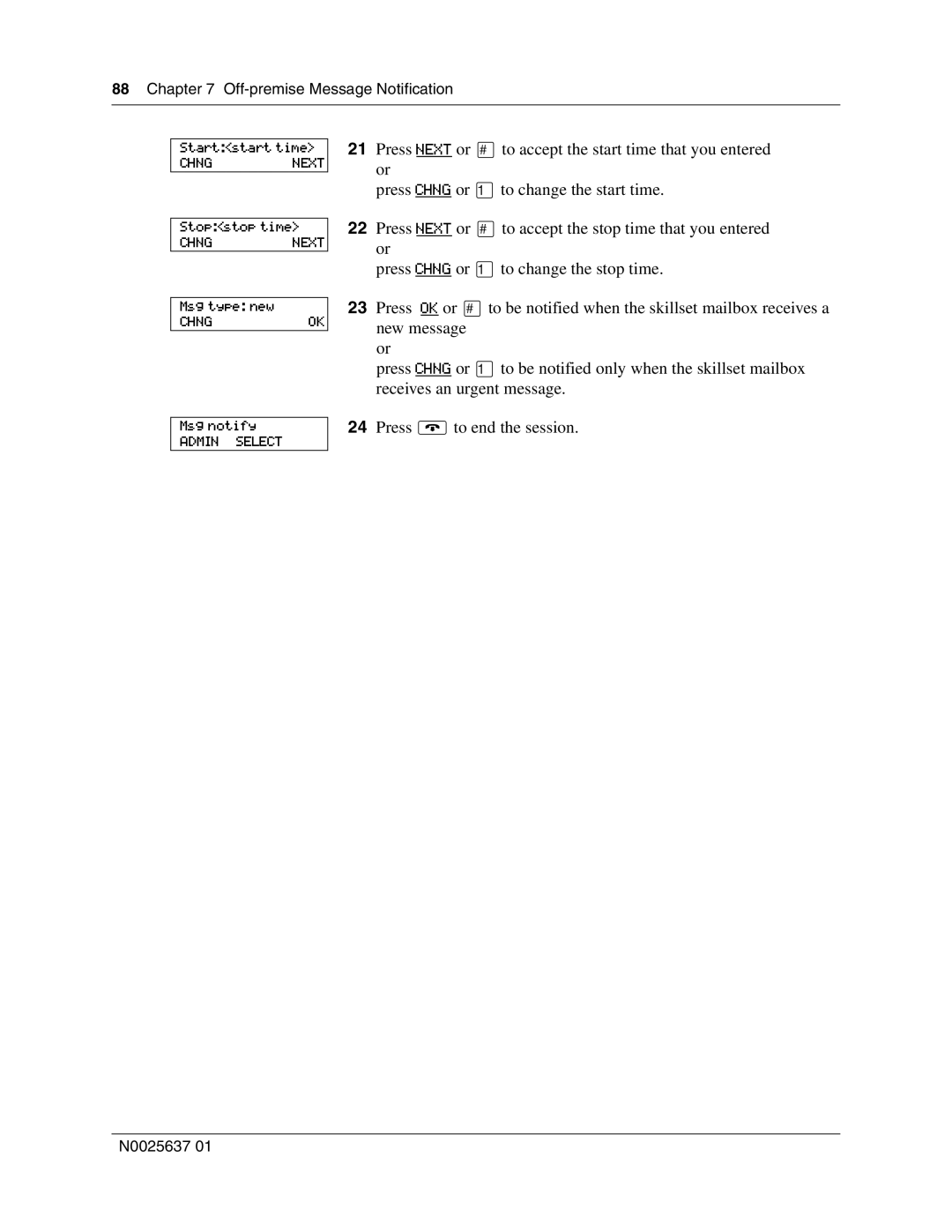 Nortel Networks Call Center Telephone manual Off-premise Message Notification Startstart time 