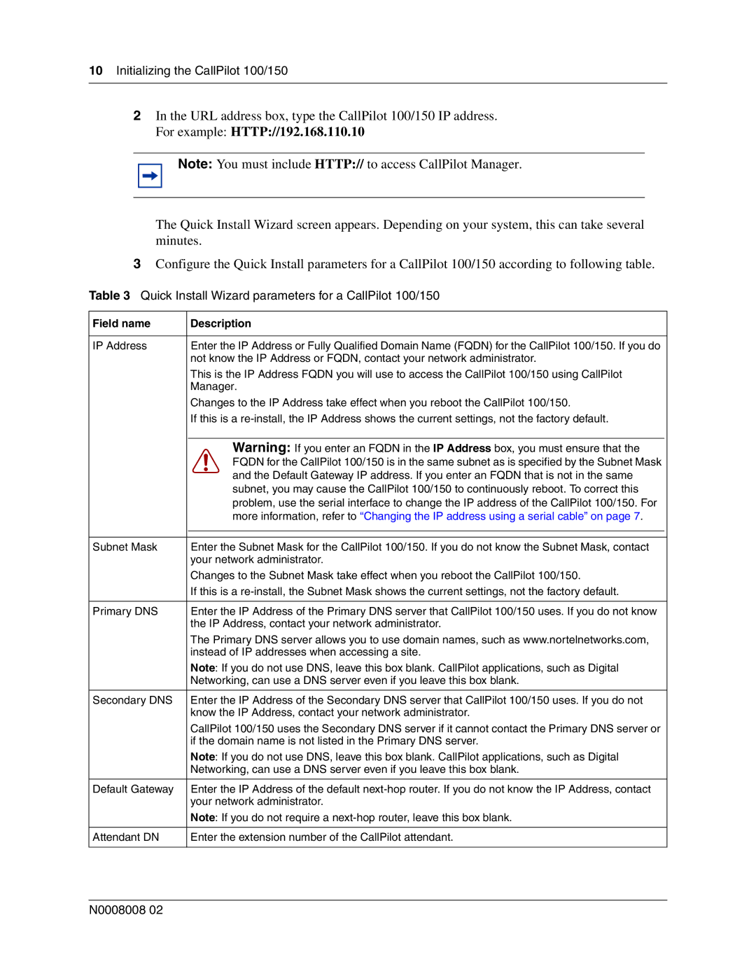 Nortel Networks CallPilot 150 quick start Quick Install Wizard parameters for a CallPilot 100/150 