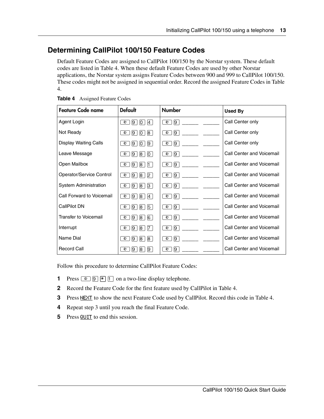 Nortel Networks CallPilot 150 quick start Determining CallPilot 100/150 Feature Codes, ≤·· 