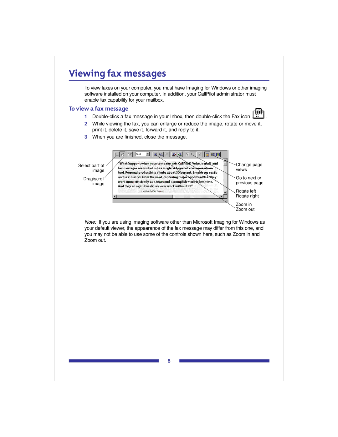 Nortel Networks CallPilot 2.0 manual Viewing fax messages, To view a fax message 