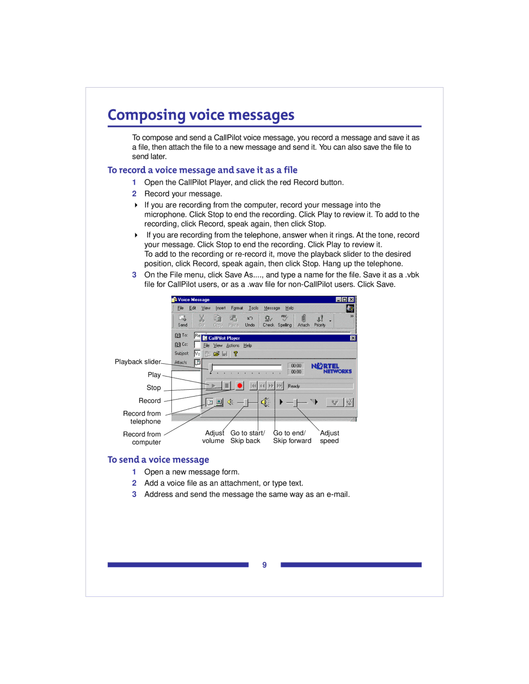 Nortel Networks CallPilot 2.0 manual Composing voice messages, To record a voice message and save it as a file 