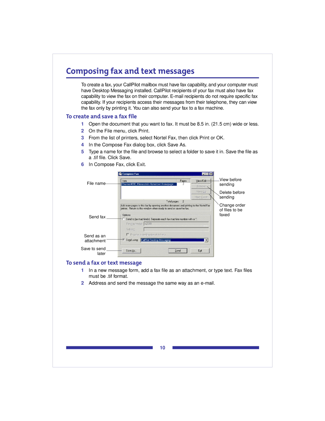 Nortel Networks CallPilot 2.0 manual To create and save a fax file, To send a fax or text message 