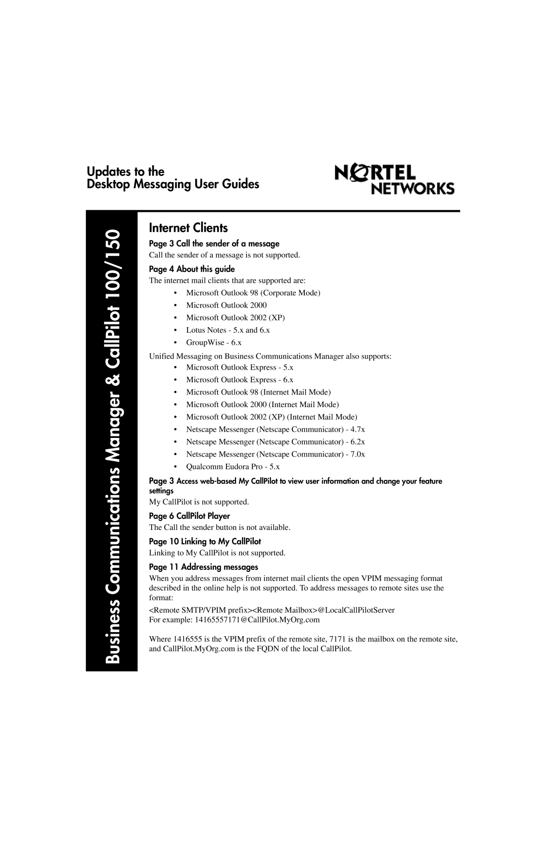 Nortel Networks CallPilot 2.0 manual Business Communications Manager & CallPilot 100/150 