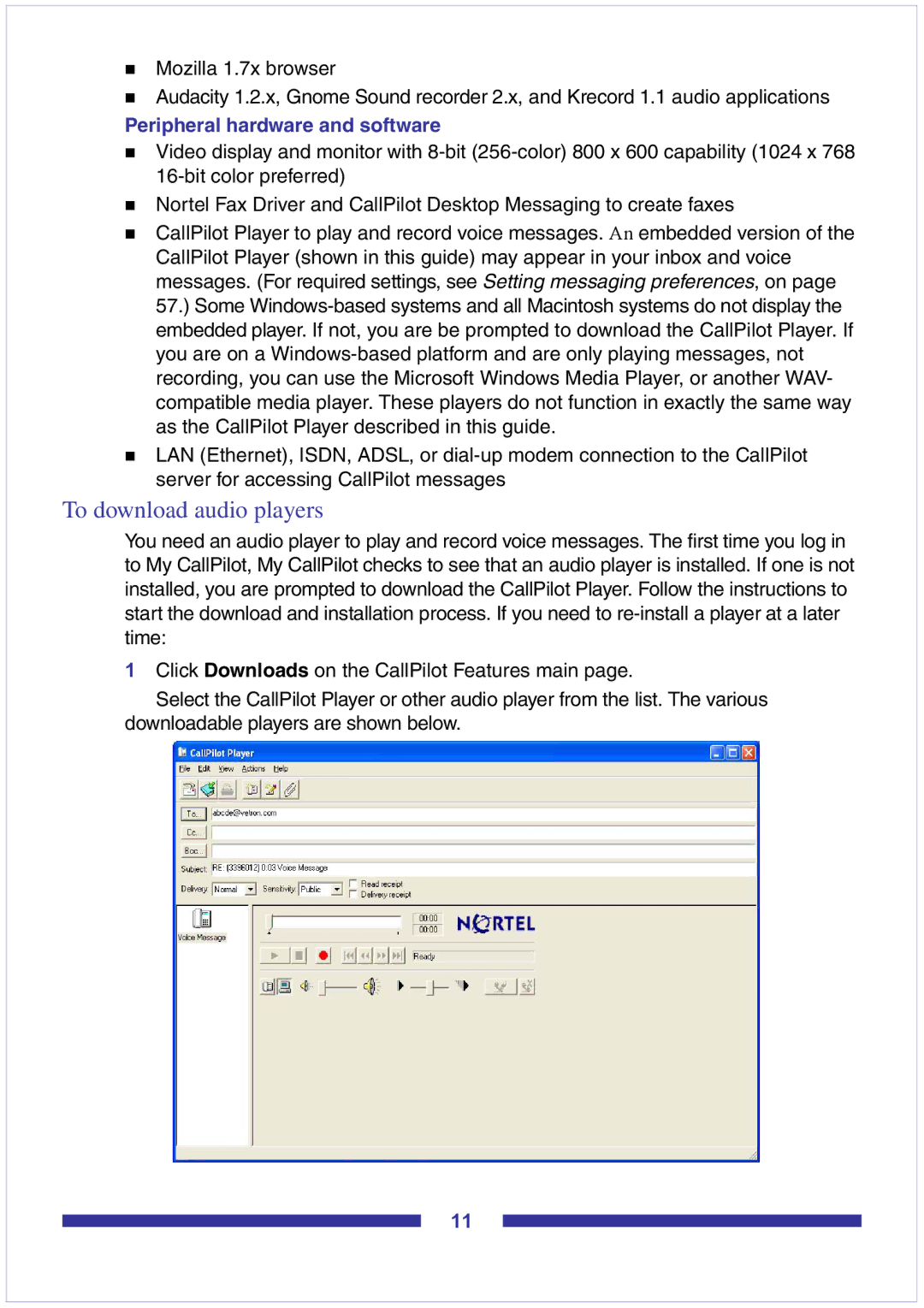 Nortel Networks CallPilot Desktop Messaging manual To download audio players, Peripheral hardware and software 