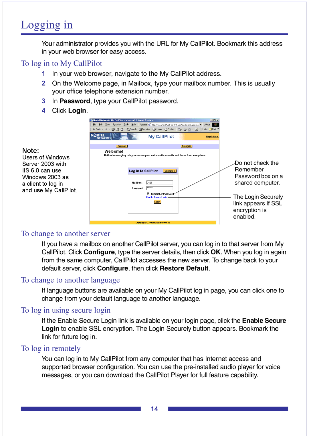 Nortel Networks CallPilot Desktop Messaging manual Logging 