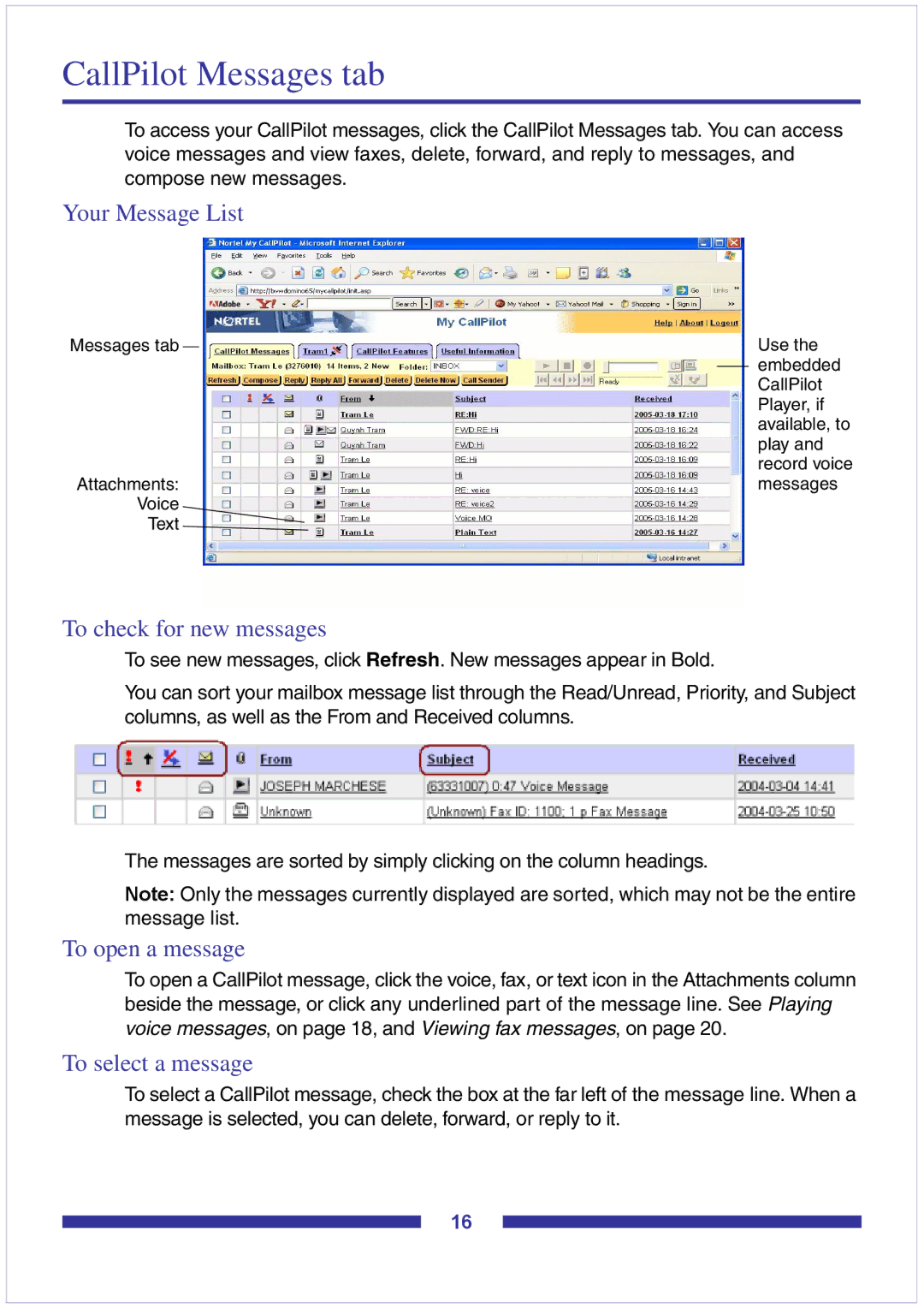 Nortel Networks CallPilot Desktop Messaging manual CallPilot Messages tab, Your Message List, To check for new messages 