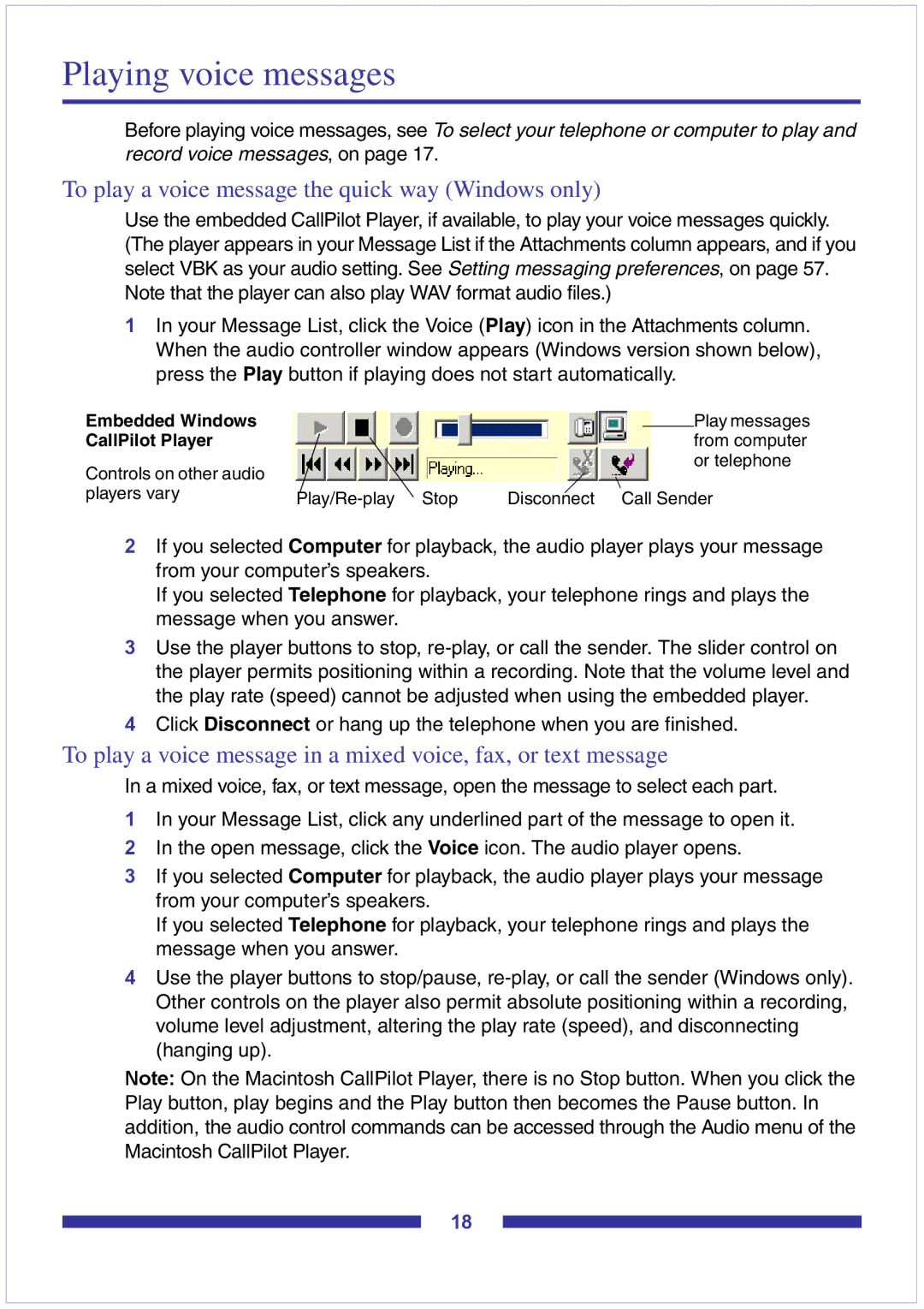 Nortel Networks CallPilot Desktop Messaging Playing voice messages, To play a voice message the quick way Windows only 