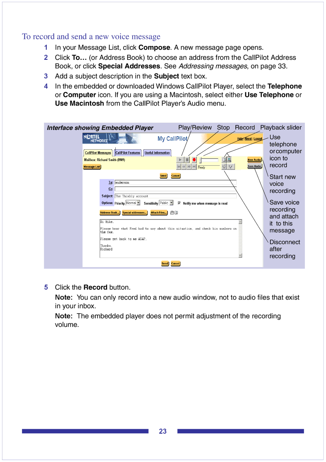 Nortel Networks CallPilot Desktop Messaging manual To record and send a new voice message 