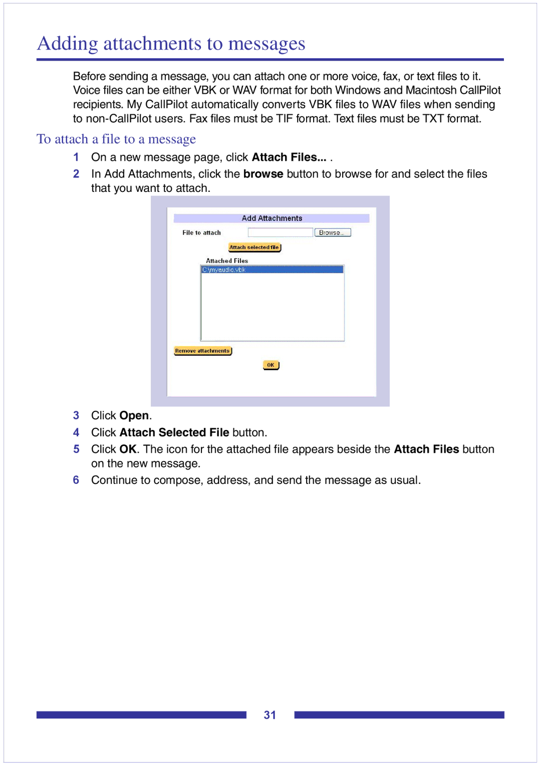 Nortel Networks CallPilot Desktop Messaging manual Adding attachments to messages, To attach a file to a message 