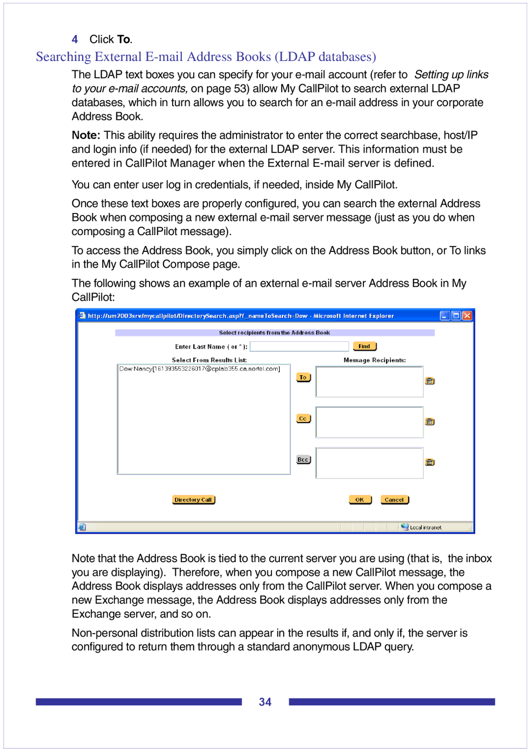 Nortel Networks CallPilot Desktop Messaging manual Searching External E-mail Address Books Ldap databases 