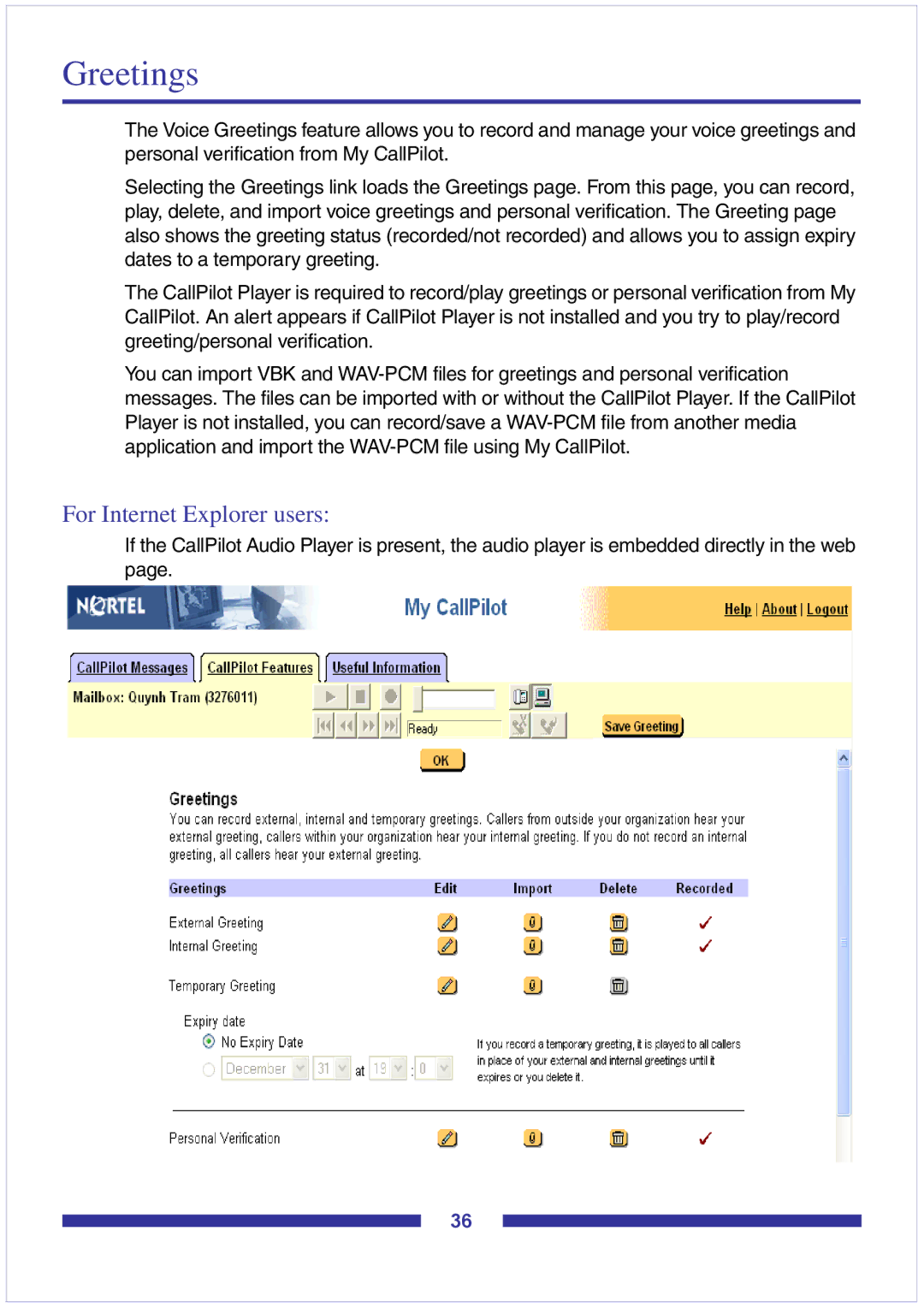 Nortel Networks CallPilot Desktop Messaging manual Greetings, For Internet Explorer users 